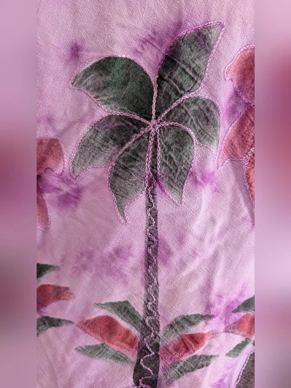 Vintage Pink & Purple Tie Dye Palm Tree Embroidered Flowy Sleeveless Shirt, OS - Picture 5 of 12